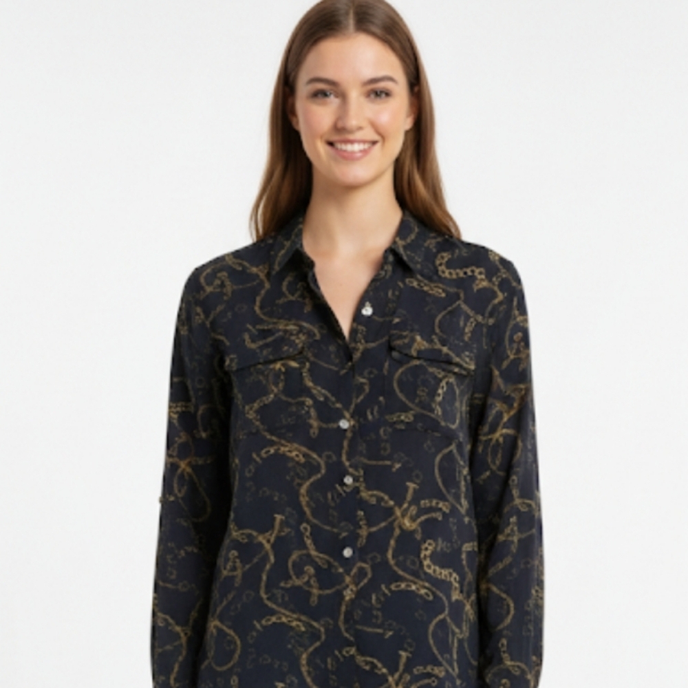 GRAND & GREENE chain print Navy blouse button down shirt adjustable sleeves L @P